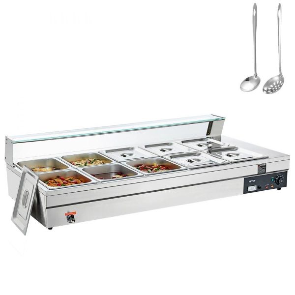 Food Holding & Warming Equipment | 10-Pan Commercial Food Warmer, 10 x 12QT Electric Steam Table with Tempered Glass Cover, 1800W Countertop Stainless Steel Buffet Bain Marie 86-185°F Temp Control for Catering, Restaurant, Silver Food Holding & Warming Equipment Food Holding & Warming Equipment