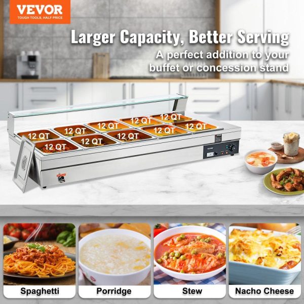 Food Holding & Warming Equipment | 10-Pan Commercial Food Warmer, 10 x 12QT Electric Steam Table with Tempered Glass Cover, 1800W Countertop Stainless Steel Buffet Bain Marie 86-185°F Temp Control for Catering, Restaurant, Silver Food Holding & Warming Equipment Food Holding & Warming Equipment