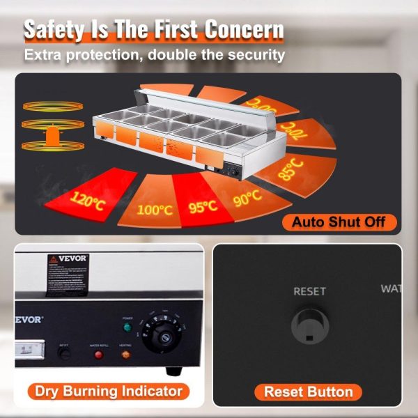 Food Holding & Warming Equipment | 10-Pan Commercial Food Warmer, 10 x 12QT Electric Steam Table with Tempered Glass Cover, 1800W Countertop Stainless Steel Buffet Bain Marie 86-185°F Temp Control for Catering, Restaurant, Silver Food Holding & Warming Equipment Food Holding & Warming Equipment