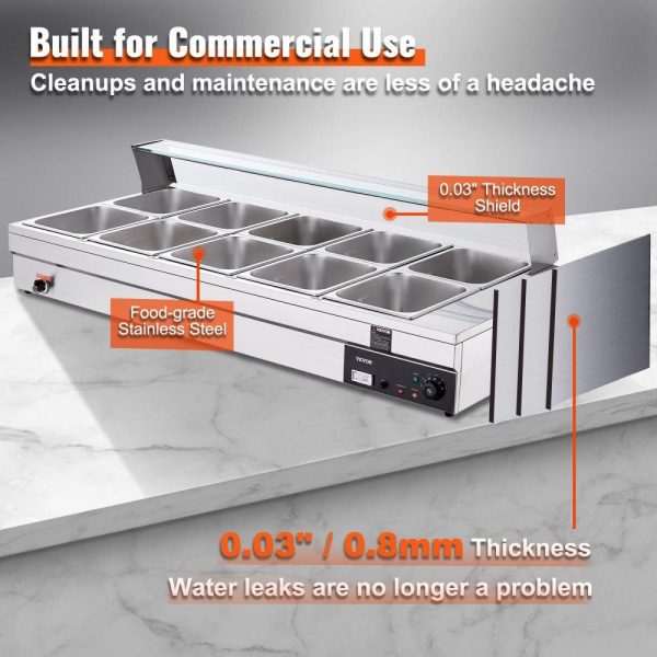 Food Holding & Warming Equipment | 10-Pan Commercial Food Warmer, 10 x 12QT Electric Steam Table with Tempered Glass Cover, 1800W Countertop Stainless Steel Buffet Bain Marie 86-185°F Temp Control for Catering, Restaurant, Silver Food Holding & Warming Equipment Food Holding & Warming Equipment