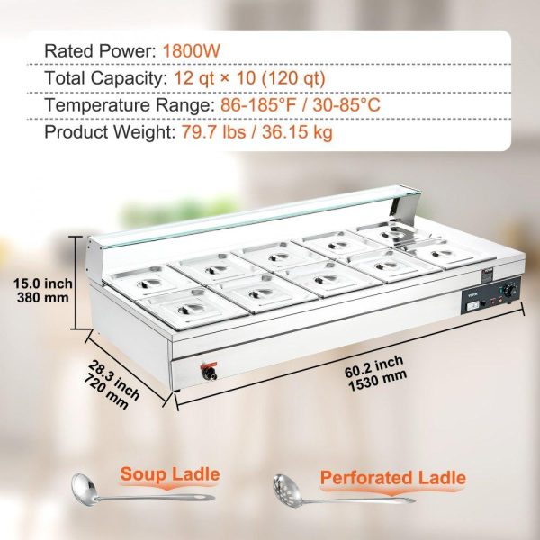 Food Holding & Warming Equipment | 10-Pan Commercial Food Warmer, 10 x 12QT Electric Steam Table with Tempered Glass Cover, 1800W Countertop Stainless Steel Buffet Bain Marie 86-185°F Temp Control for Catering, Restaurant, Silver Food Holding & Warming Equipment Food Holding & Warming Equipment