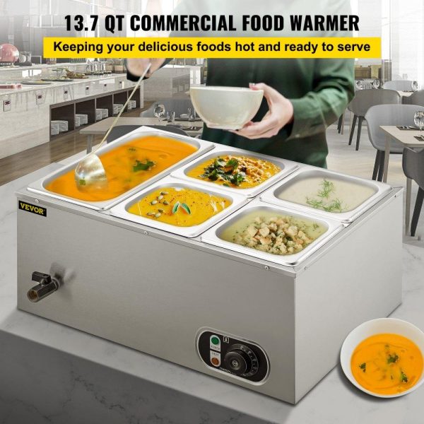 Food Holding & Warming Equipment | 110V Commercial Food Warmer 1×1/3GN and 4×1/6GN, 5-Pan Stainless Steel Bain Marie 13.7 Quart Capacity,1500W Steam Table 15cm/6inch Deep, Electric Food Warmer with Lid for Catering Restaurants Food Holding & Warming Equipment Food Holding & Warming Equipment