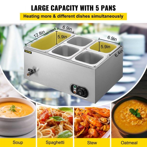 Food Holding & Warming Equipment | 110V Commercial Food Warmer 1×1/3GN and 4×1/6GN, 5-Pan Stainless Steel Bain Marie 13.7 Quart Capacity,1500W Steam Table 15cm/6inch Deep, Electric Food Warmer with Lid for Catering Restaurants Food Holding & Warming Equipment Food Holding & Warming Equipment