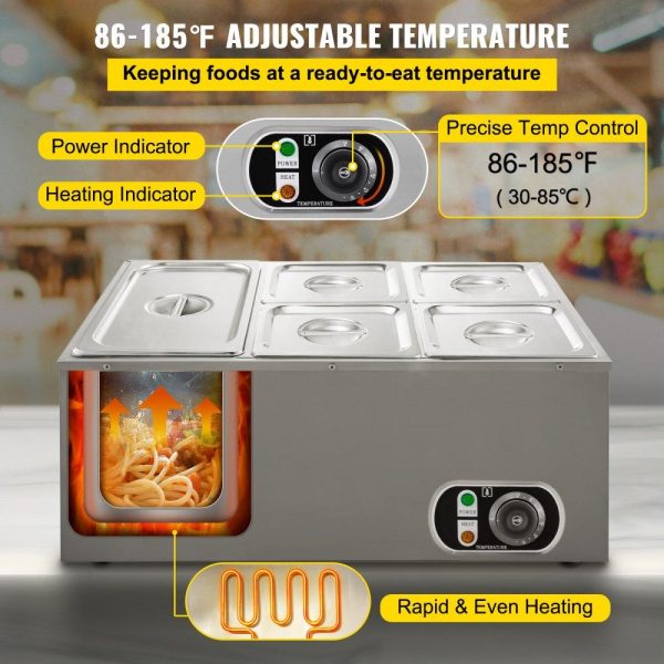 Food Holding & Warming Equipment | 110V Commercial Food Warmer 1×1/3GN and 4×1/6GN, 5-Pan Stainless Steel Bain Marie 13.7 Quart Capacity,1500W Steam Table 15cm/6inch Deep, Electric Food Warmer with Lid for Catering Restaurants Food Holding & Warming Equipment Food Holding & Warming Equipment