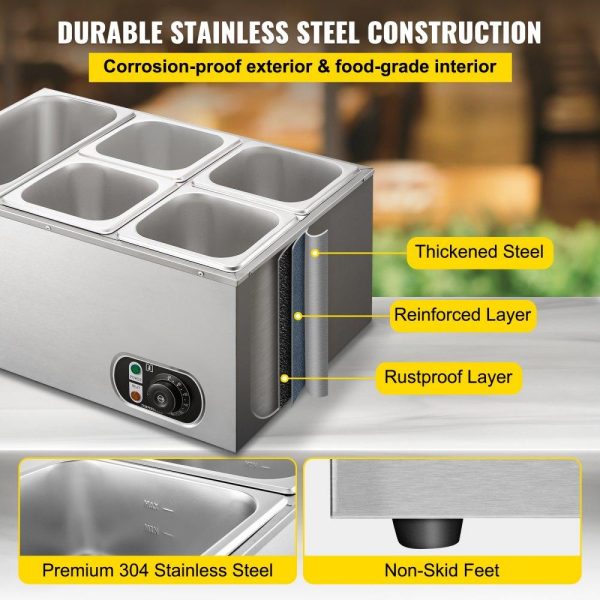 Food Holding & Warming Equipment | 110V Commercial Food Warmer 1×1/3GN and 4×1/6GN, 5-Pan Stainless Steel Bain Marie 13.7 Quart Capacity,1500W Steam Table 15cm/6inch Deep, Electric Food Warmer with Lid for Catering Restaurants Food Holding & Warming Equipment Food Holding & Warming Equipment