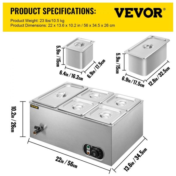 Food Holding & Warming Equipment | 110V Commercial Food Warmer 1×1/3GN and 4×1/6GN, 5-Pan Stainless Steel Bain Marie 13.7 Quart Capacity,1500W Steam Table 15cm/6inch Deep, Electric Food Warmer with Lid for Catering Restaurants Food Holding & Warming Equipment Food Holding & Warming Equipment