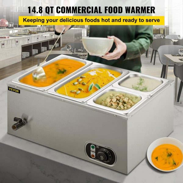 Food Holding & Warming Equipment | 110V Commercial Food Warmer 2×1/3GN and 2×1/6GN, 4-Pan Stainless Steel Bain Marie 14.8 Qt Capacity, 1500W Steam Table 15cm/6inch Deep,Temp. Control 86-185, Electric Soup Warmer w/Lids & 2 Ladles Food Holding & Warming Equipment Food Holding & Warming Equipment