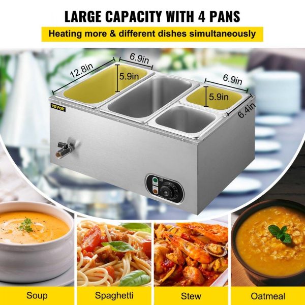 Food Holding & Warming Equipment | 110V Commercial Food Warmer 2×1/3GN and 2×1/6GN, 4-Pan Stainless Steel Bain Marie 14.8 Qt Capacity, 1500W Steam Table 15cm/6inch Deep,Temp. Control 86-185, Electric Soup Warmer w/Lids & 2 Ladles Food Holding & Warming Equipment Food Holding & Warming Equipment