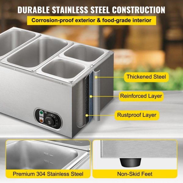 Food Holding & Warming Equipment | 110V Commercial Food Warmer 2×1/3GN and 2×1/6GN, 4-Pan Stainless Steel Bain Marie 14.8 Qt Capacity, 1500W Steam Table 15cm/6inch Deep,Temp. Control 86-185, Electric Soup Warmer w/Lids & 2 Ladles Food Holding & Warming Equipment Food Holding & Warming Equipment