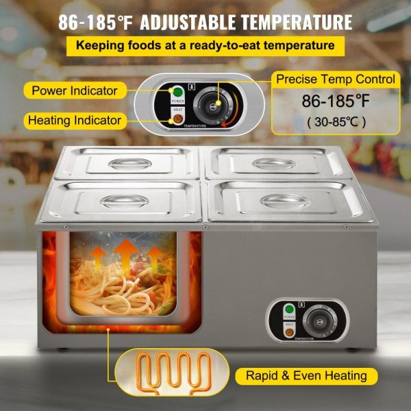 Food Holding & Warming Equipment | 110V Commercial Food Warmer 4×1/4GN, 4-Pan Stainless Steel Bain Marie 14.8 Qt Capacity,1500W Steam Table 15cm/6inch Deep,Temp. Control 86-185, Electric Soup Warmer w/Lids & 2 Ladles Food Holding & Warming Equipment Food Holding & Warming Equipment