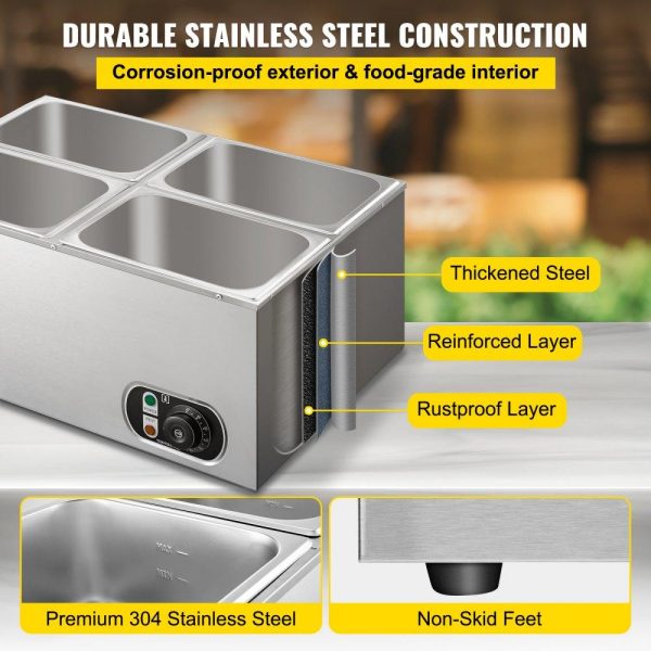 Food Holding & Warming Equipment | 110V Commercial Food Warmer 4×1/4GN, 4-Pan Stainless Steel Bain Marie 14.8 Qt Capacity,1500W Steam Table 15cm/6inch Deep,Temp. Control 86-185, Electric Soup Warmer w/Lids & 2 Ladles Food Holding & Warming Equipment Food Holding & Warming Equipment