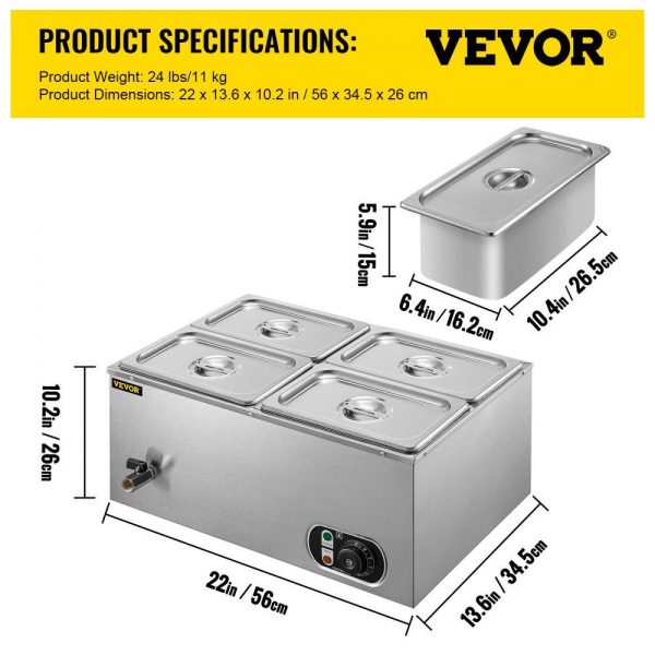 Food Holding & Warming Equipment | 110V Commercial Food Warmer 4×1/4GN, 4-Pan Stainless Steel Bain Marie 14.8 Qt Capacity,1500W Steam Table 15cm/6inch Deep,Temp. Control 86-185, Electric Soup Warmer w/Lids & 2 Ladles Food Holding & Warming Equipment Food Holding & Warming Equipment