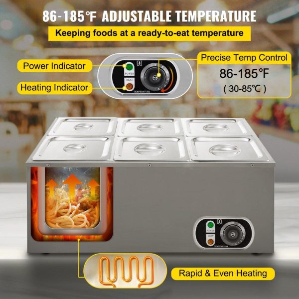 Food Holding & Warming Equipment | 110V Commercial Food Warmer 6×1/6GN, 6-Pan Stainless Steel Bain Marie 12.6 Qt Capacity,1500W Steam Table 15cm/6inch Deep,Temp. Control 86-185, Electric Soup Warmer w/Lids & 2 Ladles Food Holding & Warming Equipment Food Holding & Warming Equipment