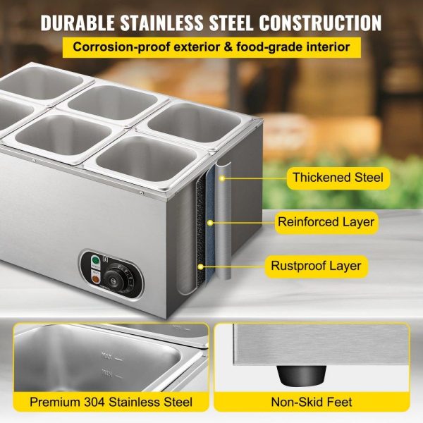 Food Holding & Warming Equipment | 110V Commercial Food Warmer 6×1/6GN, 6-Pan Stainless Steel Bain Marie 12.6 Qt Capacity,1500W Steam Table 15cm/6inch Deep,Temp. Control 86-185, Electric Soup Warmer w/Lids & 2 Ladles Food Holding & Warming Equipment Food Holding & Warming Equipment