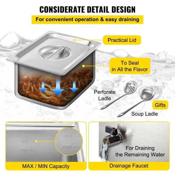 Food Holding & Warming Equipment | 110V Commercial Food Warmer 6×1/6GN, 6-Pan Stainless Steel Bain Marie 12.6 Qt Capacity,1500W Steam Table 15cm/6inch Deep,Temp. Control 86-185, Electric Soup Warmer w/Lids & 2 Ladles Food Holding & Warming Equipment Food Holding & Warming Equipment