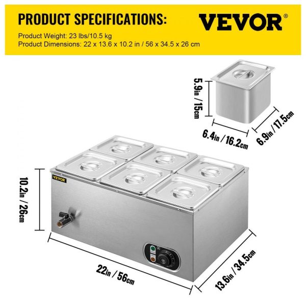 Food Holding & Warming Equipment | 110V Commercial Food Warmer 6×1/6GN, 6-Pan Stainless Steel Bain Marie 12.6 Qt Capacity,1500W Steam Table 15cm/6inch Deep,Temp. Control 86-185, Electric Soup Warmer w/Lids & 2 Ladles Food Holding & Warming Equipment Food Holding & Warming Equipment