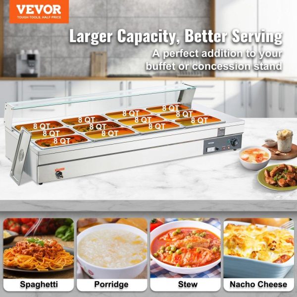 Food Holding & Warming Equipment | 12-Pan Commercial Food Warmer, 12 x 8QT Electric Steam Table with Tempered Glass Cover, 1800W Countertop Stainless Steel Buffet Bain Marie 86-185°F Temp Control for Catering, Restaurant, Silver Food Holding & Warming Equipment Food Holding & Warming Equipment