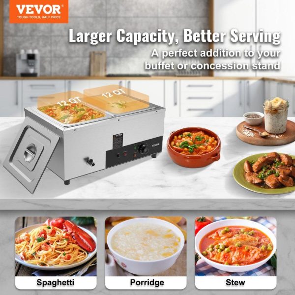 Food Holding & Warming Equipment | 2-Pan Commercial Food Warmer, 2 x 12QT Electric Steam Table, 1500W Professional Countertop Stainless Steel Buffet Bain Marie with 86-185°F Temp Control for Catering and Restaurants, Silver Food Holding & Warming Equipment Food Holding & Warming Equipment