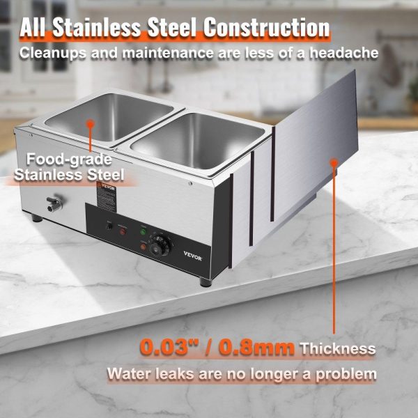 Food Holding & Warming Equipment | 2-Pan Commercial Food Warmer, 2 x 12QT Electric Steam Table, 1500W Professional Countertop Stainless Steel Buffet Bain Marie with 86-185°F Temp Control for Catering and Restaurants, Silver Food Holding & Warming Equipment Food Holding & Warming Equipment