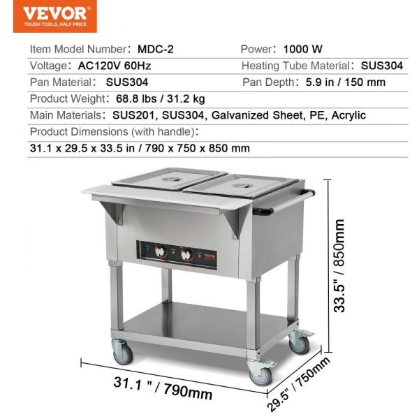 Food Holding & Warming Equipment | 2-Pan Commercial Food Warmer, 2 x 20.6QT Electric Steam Table, 1000W Professional Buffet Catering Food Warmer with 4 Wheels (2 Lockable), Food Grade Stainless Steel Server for Party Restaurant Food Holding & Warming Equipment Food Holding & Warming Equipment