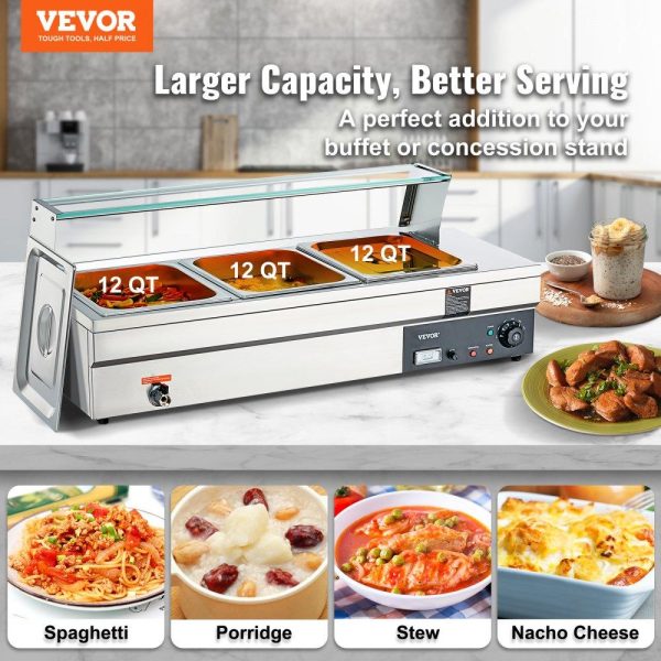 Food Holding & Warming Equipment | 3-Pan Commercial Food Warmer, 3 x 12QT Electric Steam Table with Tempered Glass Cover, 1500W Countertop Stainless Steel Buffet Bain Marie 86-185°F Temp Control for Catering, Restaurants, Silver Food Holding & Warming Equipment Food Holding & Warming Equipment