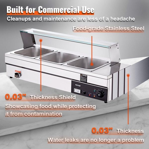 Food Holding & Warming Equipment | 3-Pan Commercial Food Warmer, 3 x 12QT Electric Steam Table with Tempered Glass Cover, 1500W Countertop Stainless Steel Buffet Bain Marie 86-185°F Temp Control for Catering, Restaurants, Silver Food Holding & Warming Equipment Food Holding & Warming Equipment