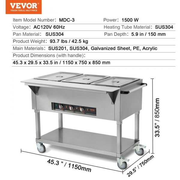 Food Holding & Warming Equipment | 3-Pan Commercial Food Warmer, 3 x 20.6QT Electric Steam Table, 1500W Professional Buffet Catering Food Warmer with 4 Wheels (2 Lockable), Food Grade Stainless Steel Server for Party Restaurant Food Holding & Warming Equipment Food Holding & Warming Equipment