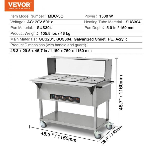 Food Holding & Warming Equipment | 3-Pan Commercial Food Warmer, 3 x 20.6QT Electric Steam Table, 1500W Professional Buffet Catering Food Warmer with Acrylic Sneeze Guard, Food Grade Stainless Steel Server for Party Restaurant Food Holding & Warming Equipment Food Holding & Warming Equipment