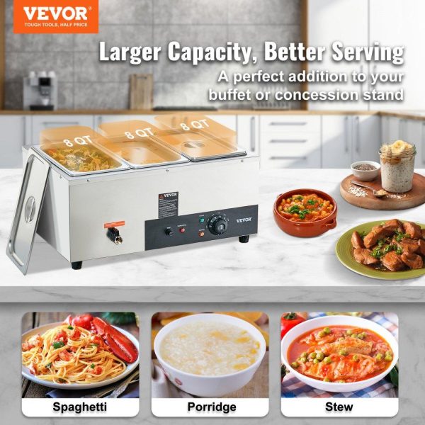 Food Holding & Warming Equipment | 3-Pan Commercial Food Warmer, 3 x 8QT Electric Steam Table, 1500W Professional Countertop Stainless Steel Buffet Bain Marie with 86-185°F Temp Control for Catering and Restaurants, Silver Food Holding & Warming Equipment Food Holding & Warming Equipment