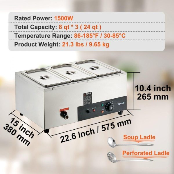 Food Holding & Warming Equipment | 3-Pan Commercial Food Warmer, 3 x 8QT Electric Steam Table, 1500W Professional Countertop Stainless Steel Buffet Bain Marie with 86-185°F Temp Control for Catering and Restaurants, Silver Food Holding & Warming Equipment Food Holding & Warming Equipment