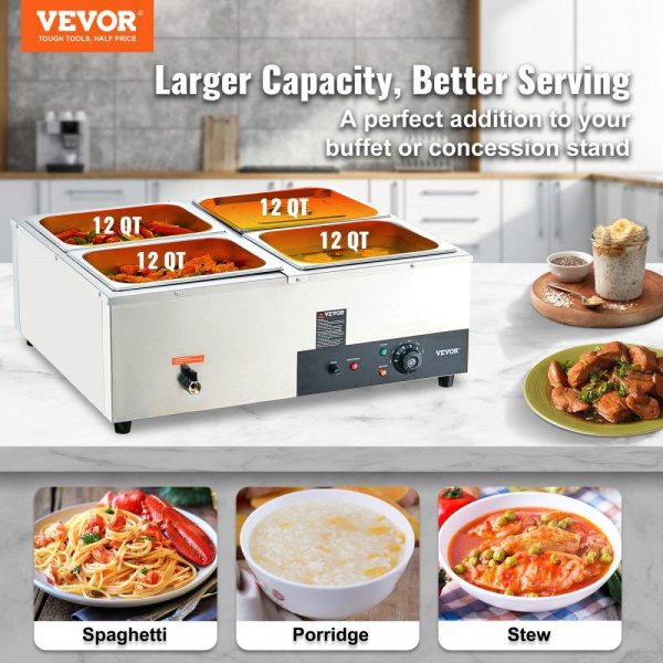 Food Holding & Warming Equipment | 4-Pan Commercial Food Warmer, 4 x 12QT Electric Steam Table, 1200W Professional Countertop Stainless Steel Buffet Bain Marie with 86-185°F Temp Control for Catering and Restaurants, Silver Food Holding & Warming Equipment Food Holding & Warming Equipment