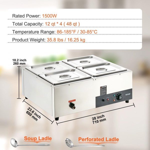 Food Holding & Warming Equipment | 4-Pan Commercial Food Warmer, 4 x 12QT Electric Steam Table, 1200W Professional Countertop Stainless Steel Buffet Bain Marie with 86-185°F Temp Control for Catering and Restaurants, Silver Food Holding & Warming Equipment Food Holding & Warming Equipment