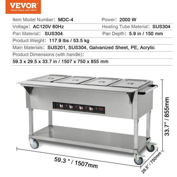 Food Holding & Warming Equipment | 4-Pan Commercial Food Warmer, 4 x 20.6QT Electric Steam Table, 2000W Professional Buffet Catering Food Warmer with 4 Wheels (2 Lockable), Food Grade Stainless Steel Server for Party Restaurant Food Holding & Warming Equipment Food Holding & Warming Equipment