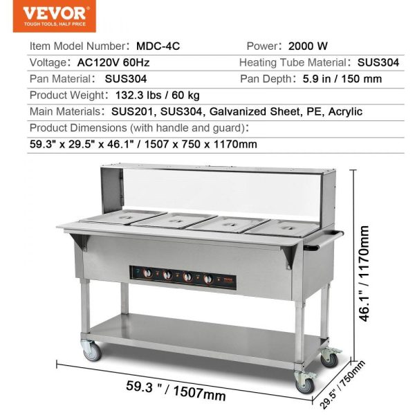 Food Holding & Warming Equipment | 4-Pan Commercial Food Warmer, 4 x 20.6QT Electric Steam Table, 2000W Professional Buffet Catering Food Warmer with Acrylic Sneeze Guard, Food Grade Stainless Steel Server for Party Restaurant Food Holding & Warming Equipment Food Holding & Warming Equipment