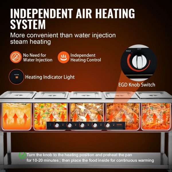 Food Holding & Warming Equipment | 5-Pan Commercial Food Warmer, 5 x 20.6QT Electric Steam Table, 3750W Professional Buffet Catering Food Warmer with 4 Wheels (2 Lockable), Food Grade Stainless Steel Server for Party Restaurant Food Holding & Warming Equipment Food Holding & Warming Equipment