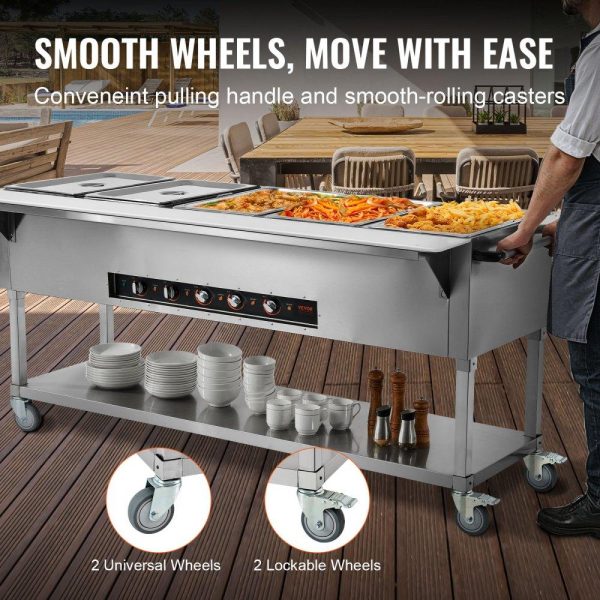 Food Holding & Warming Equipment | 5-Pan Commercial Food Warmer, 5 x 20.6QT Electric Steam Table, 3750W Professional Buffet Catering Food Warmer with 4 Wheels (2 Lockable), Food Grade Stainless Steel Server for Party Restaurant Food Holding & Warming Equipment Food Holding & Warming Equipment