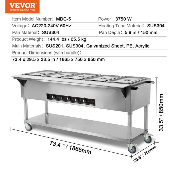 Food Holding & Warming Equipment | 5-Pan Commercial Food Warmer, 5 x 20.6QT Electric Steam Table, 3750W Professional Buffet Catering Food Warmer with 4 Wheels (2 Lockable), Food Grade Stainless Steel Server for Party Restaurant Food Holding & Warming Equipment Food Holding & Warming Equipment