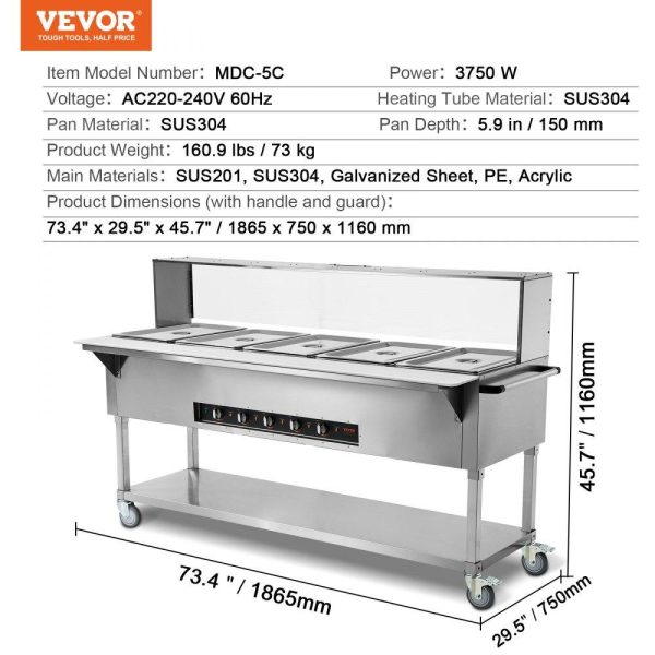 Food Holding & Warming Equipment | 5-Pan Commercial Food Warmer, 5 x 20.6QT Electric Steam Table, 3750W Professional Buffet Catering Food Warmer with Acrylic Sneeze Guard, Food Grade Stainless Steel Server for Party Restaurant Food Holding & Warming Equipment Food Holding & Warming Equipment