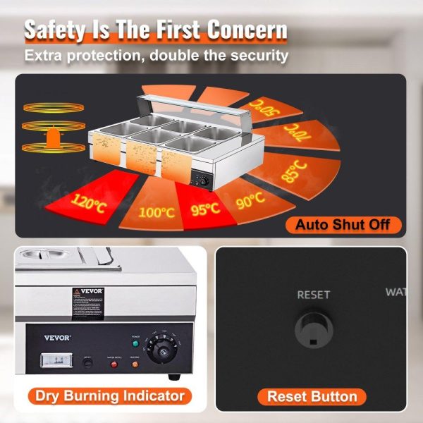 Food Holding & Warming Equipment | 6-Pan Commercial Food Warmer, 6 x 12QT Electric Steam Table with Tempered Glass Cover, 1500W Countertop Stainless Steel Buffet Bain Marie 86-185°F Temp Control for Catering, Restaurants, Silver Food Holding & Warming Equipment Food Holding & Warming Equipment