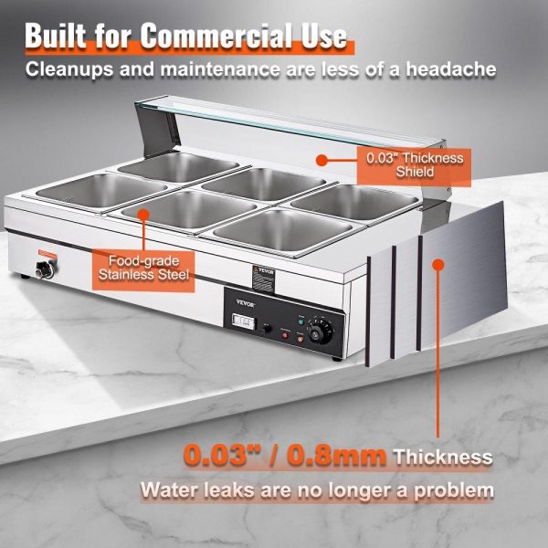 Food Holding & Warming Equipment | 6-Pan Commercial Food Warmer, 6 x 12QT Electric Steam Table with Tempered Glass Cover, 1500W Countertop Stainless Steel Buffet Bain Marie 86-185°F Temp Control for Catering, Restaurants, Silver Food Holding & Warming Equipment Food Holding & Warming Equipment