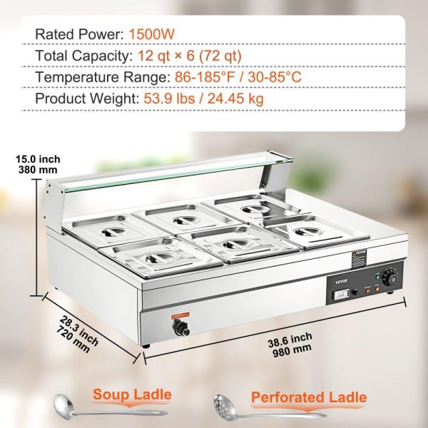 Food Holding & Warming Equipment | 6-Pan Commercial Food Warmer, 6 x 12QT Electric Steam Table with Tempered Glass Cover, 1500W Countertop Stainless Steel Buffet Bain Marie 86-185°F Temp Control for Catering, Restaurants, Silver Food Holding & Warming Equipment Food Holding & Warming Equipment