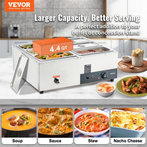 Food Holding & Warming Equipment | 6-Pan Commercial Food Warmer, 6 x 8QT Electric Steam Table, 1200W Professional Countertop Stainless Steel Buffet Bain Marie with 86-185°F Temp Control for Catering and Restaurants, Silver Food Holding & Warming Equipment Food Holding & Warming Equipment