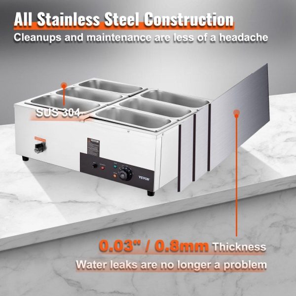 Food Holding & Warming Equipment | 6-Pan Commercial Food Warmer, 6 x 8QT Electric Steam Table, 1200W Professional Countertop Stainless Steel Buffet Bain Marie with 86-185°F Temp Control for Catering and Restaurants, Silver Food Holding & Warming Equipment Food Holding & Warming Equipment