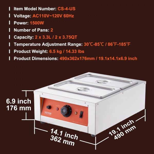 Food Holding & Warming Equipment | Chocolate Tempering Machine, 17.6 Lbs 2 Tanks Chocolate Melting Pot TEMP Control 86~185℉, 1500W Stainless Steel Electric Commercial Food Warmer For Chocolate/Milk/Cream Melting and Heating Food Holding & Warming Equipment Food Holding & Warming Equipment