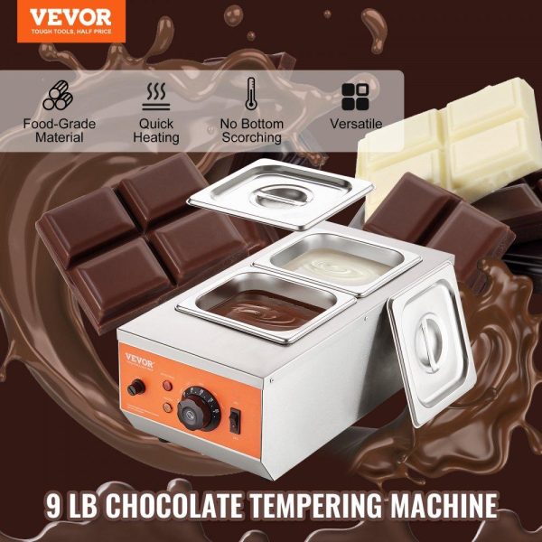 Food Holding & Warming Equipment | Chocolate Tempering Machine, 9 Lbs 2 Tanks Chocolate Melting Pot with TEMP Control 86~185℉, 800W Stainless Steel Electric Commercial Food Warmer For Chocolate/Milk/Cream Melting and Heating Food Holding & Warming Equipment Food Holding & Warming Equipment