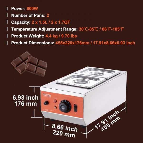 Food Holding & Warming Equipment | Chocolate Tempering Machine, 9 Lbs 2 Tanks Chocolate Melting Pot with TEMP Control 86~185℉, 800W Stainless Steel Electric Commercial Food Warmer For Chocolate/Milk/Cream Melting and Heating Food Holding & Warming Equipment Food Holding & Warming Equipment