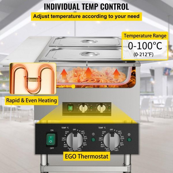 Food Holding & Warming Equipment | Commercial Electric Food Warmer, 2-Pot Steam Table Food Warmer 0-100℃ w/ 2 Lockable Wheels, Professional Stainless Steel Material with ETL Certification for Catering and Restaurants Food Holding & Warming Equipment Food Holding & Warming Equipment