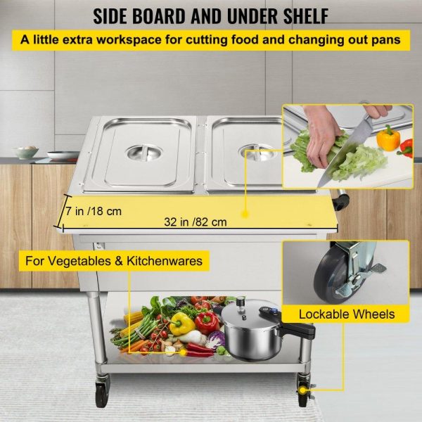 Food Holding & Warming Equipment | Commercial Electric Food Warmer, 2-Pot Steam Table Food Warmer 0-100℃ w/ 2 Lockable Wheels, Professional Stainless Steel Material with ETL Certification for Catering and Restaurants Food Holding & Warming Equipment Food Holding & Warming Equipment