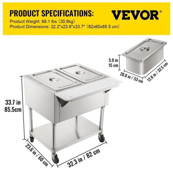 Food Holding & Warming Equipment | Commercial Electric Food Warmer, 2-Pot Steam Table Food Warmer 0-100℃ w/ 2 Lockable Wheels, Professional Stainless Steel Material with ETL Certification for Catering and Restaurants Food Holding & Warming Equipment Food Holding & Warming Equipment