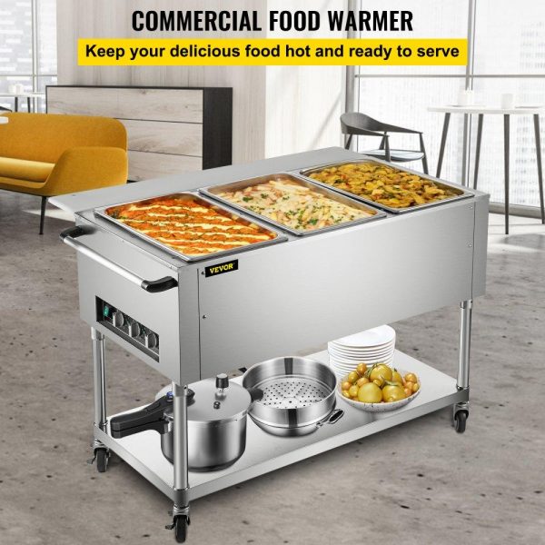 Food Holding & Warming Equipment | Commercial Electric Food Warmer, 3-Pot Steam Table Food Warmer 0-100℃ w/ 2 Lockable Wheels, Professional Stainless Steel Material with ETL Certification for Catering and Restaurants Food Holding & Warming Equipment Food Holding & Warming Equipment